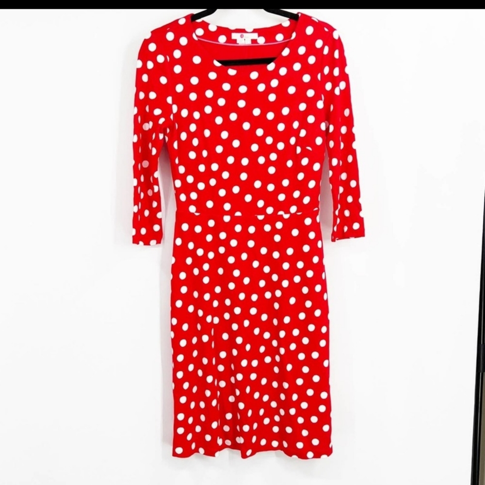 Boden Theodora Ponte Midi Dress in Red Polka Dot 3/4 Sleeves